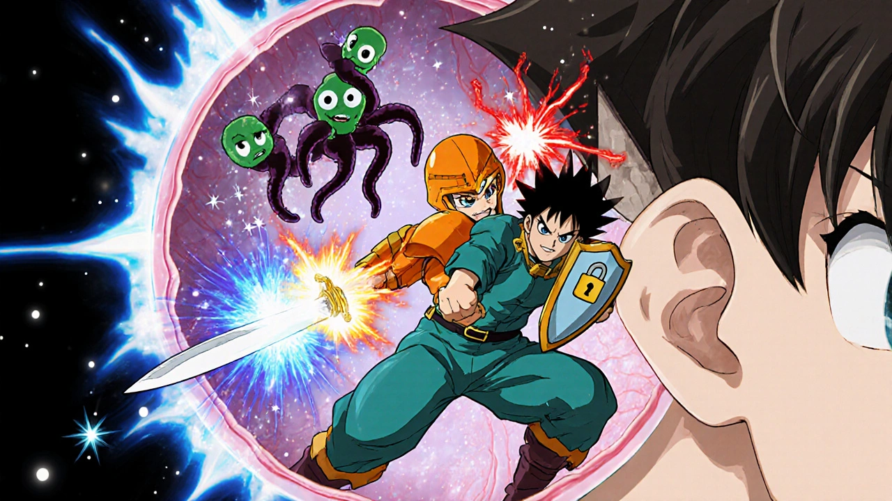 Amoxicillin‑Krieger und Clavulansäure‑Beschützer kämpfen gegen bunte Bakterien im Mittelohr.