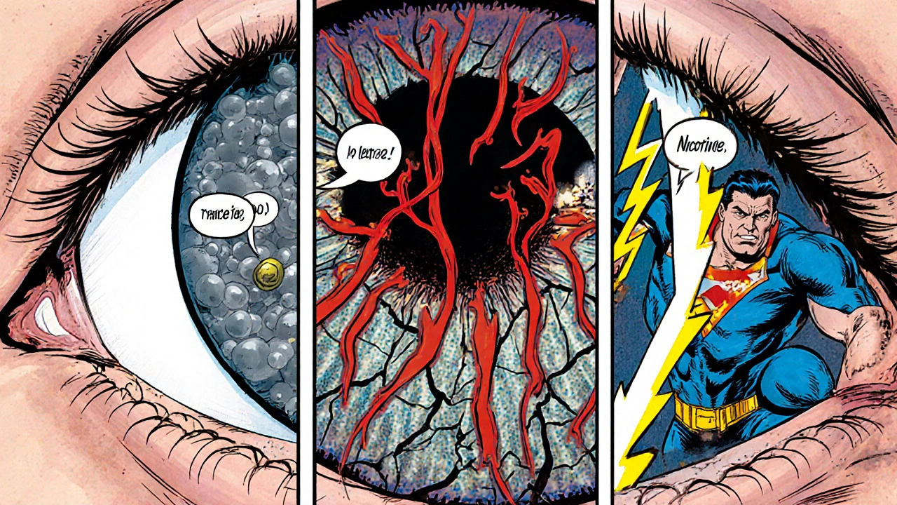 Comic‑Panel‑Aufbau des Auges, zeigt CO, Nikotin‑Vasokonstriktion und oxidative Schäden im Marvel‑Stil.