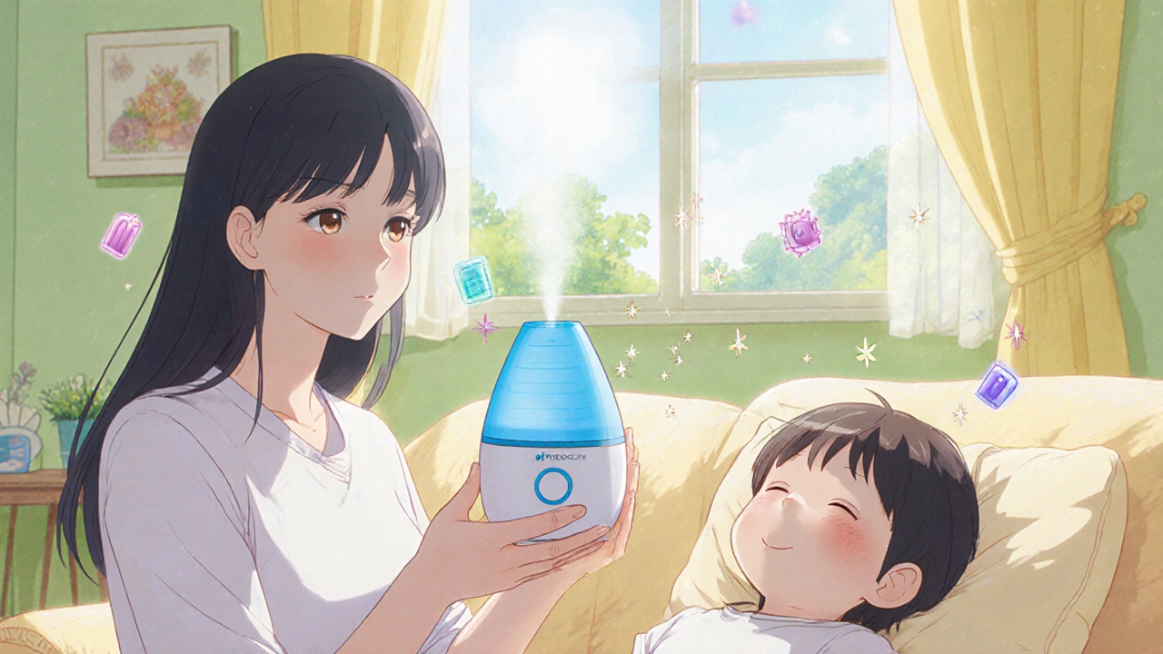 Familie nutzt Luftbefeuchter, Kind atmet erleichtert, sonniges Wohnzimmer.