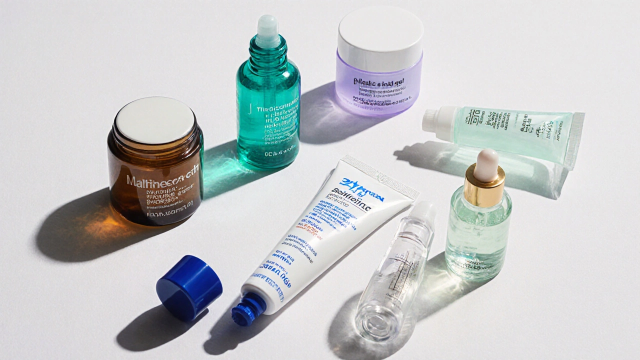 Flachliegende Produktreihe: Differin, Tretinoin, Benzoylperoxid, Salicylsäure, Azelainsäure, Niacinamid, Retinol, Clindamycin.