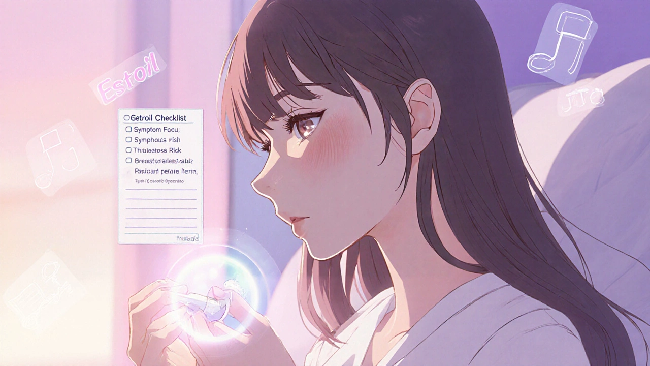 Frau trägt Estriol-Creme auf, geschützt von einer beruhigenden, hellen Aura.