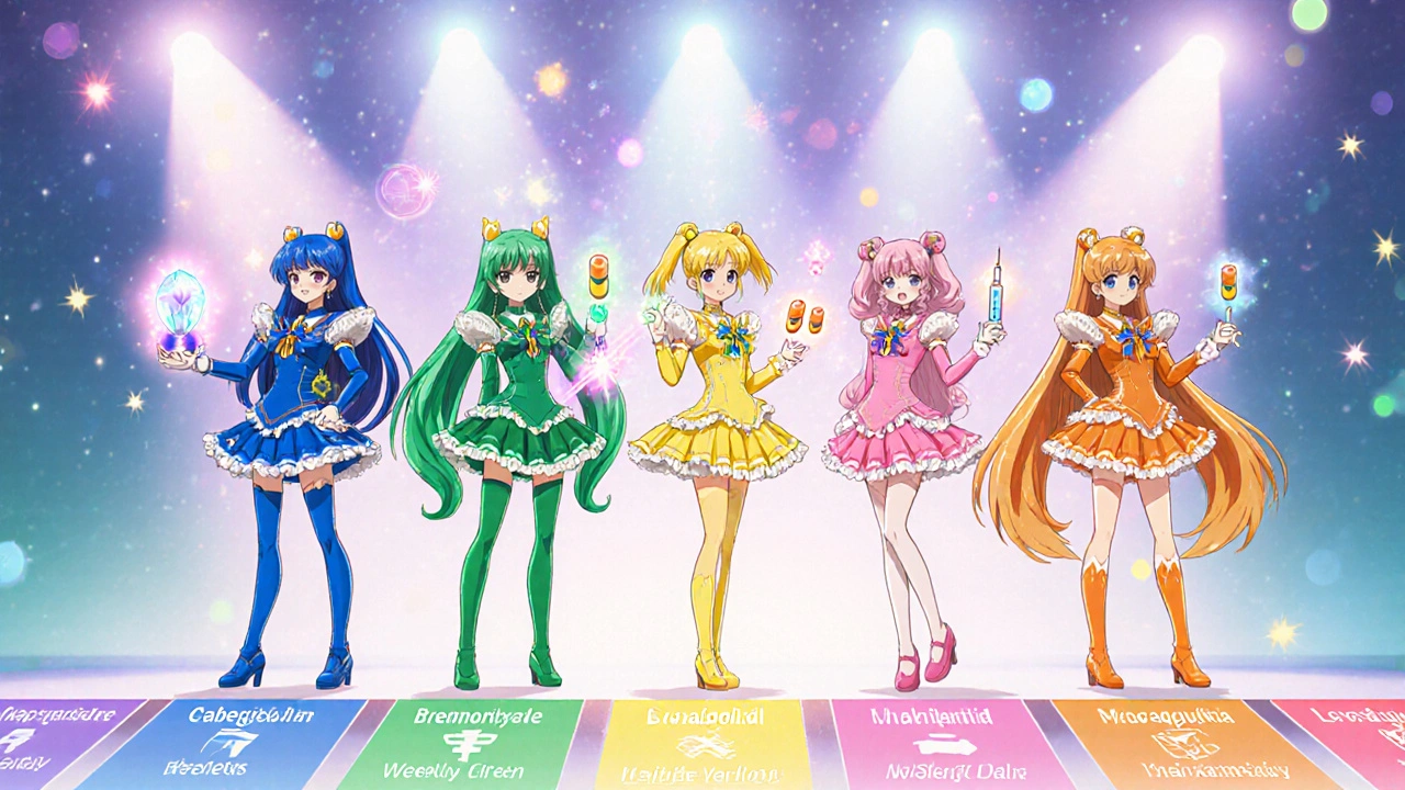 Fünf magische Heldinnen repräsentieren Cabergolin, Bromocriptin, Quinagolide, Pramipexol und Levodopa.