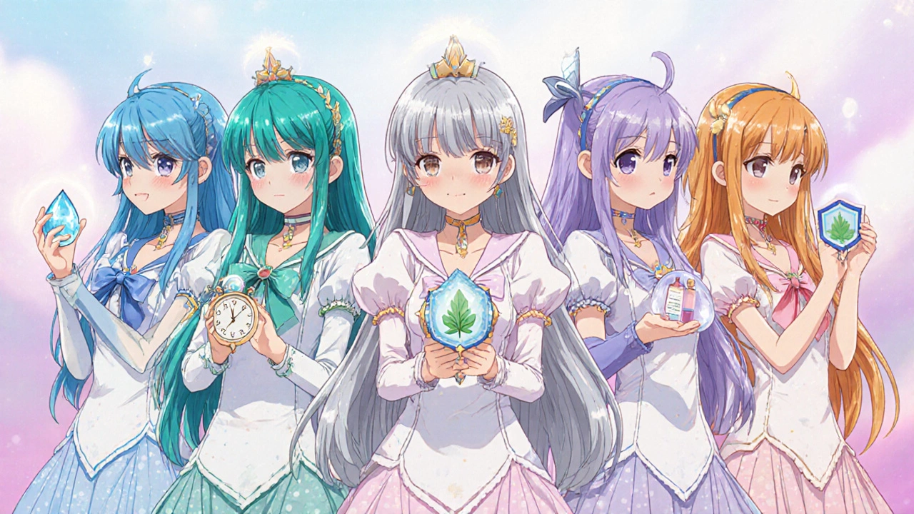 Fünf magische Mädchen zeigen farblich unterschiedliche Pillen‑Charaktere nebeneinander.