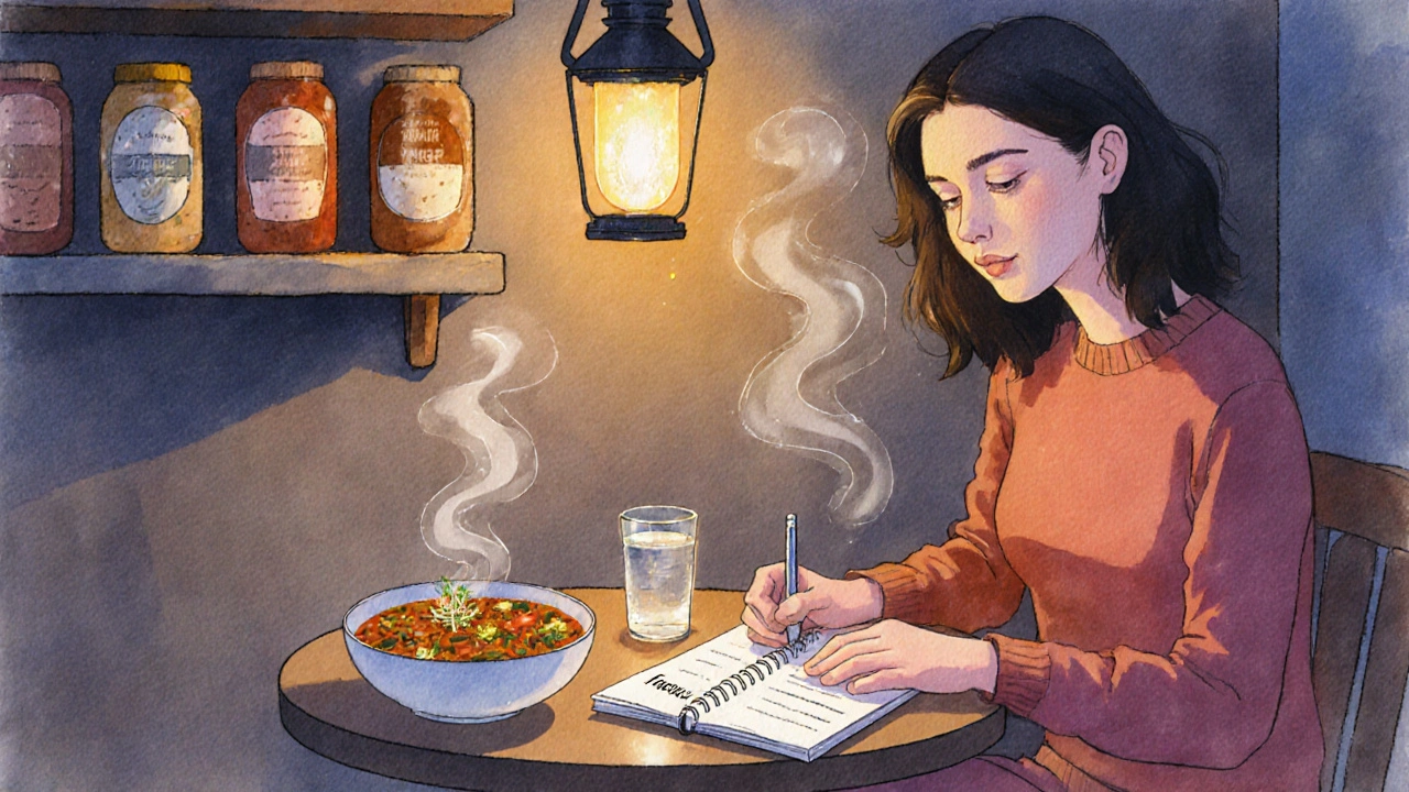 Gemütliche Esszene mit Notizbuch, Wasserglas, Fenchel‑Tee und Gewürzen, die die Verdauung unterstützen.