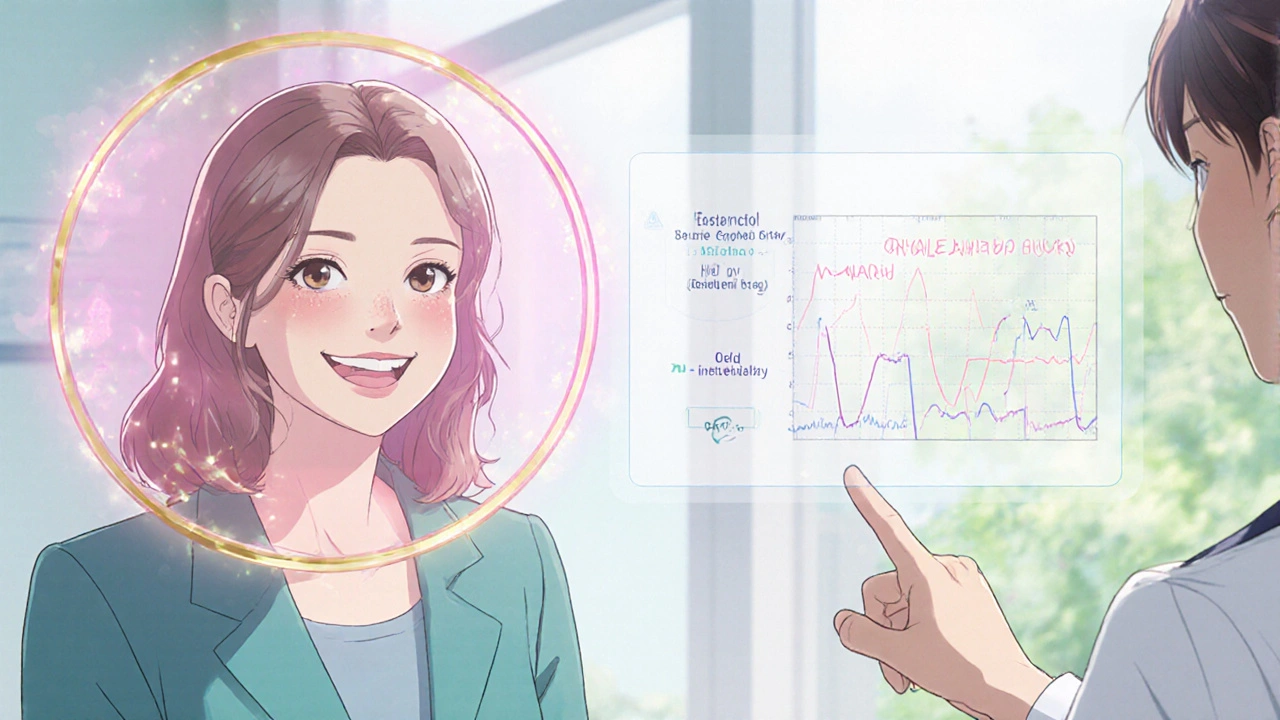 Gesunde Frau mit Arzt, symbolisiert erfolgreiche HRT und Monitoring.