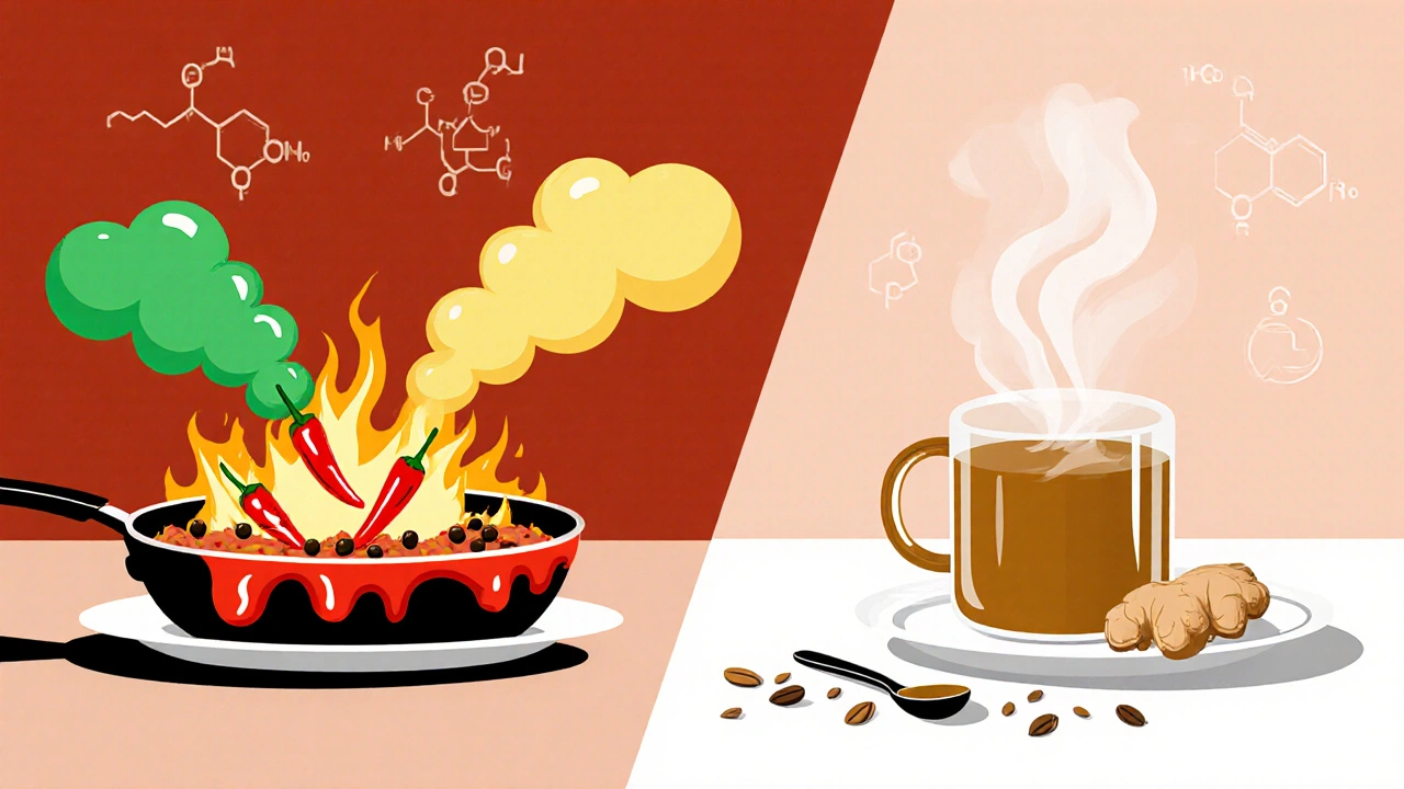 Geteilte Illustration: scharfe Chili‑Pfanne mit Gaswolken versus beruhigender Ingwer‑Tasse mit sanften Schwaden.
