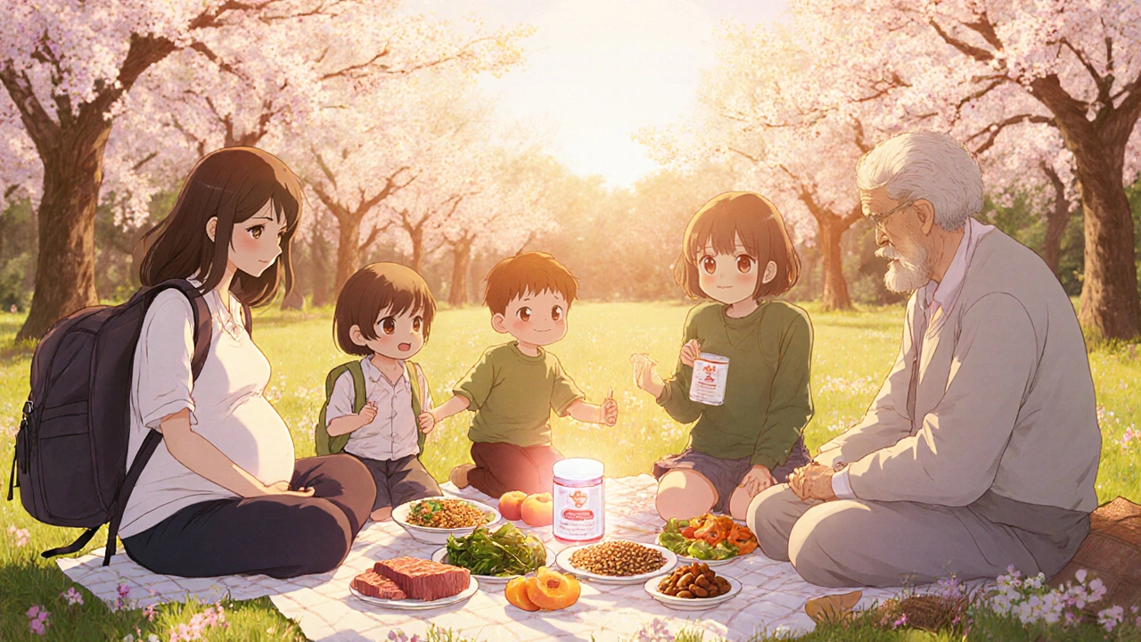 Gruppe von Personen mit eisenreichen Lebensmitteln und Tablette im Garten.