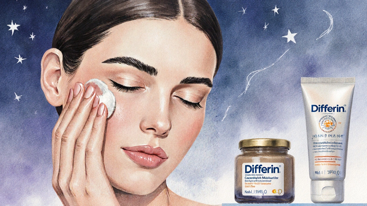 Hand trägt Differin‑Gel auf Gesicht auf, daneben Feuchtigkeitscreme und Sonnencreme im Abendritual.