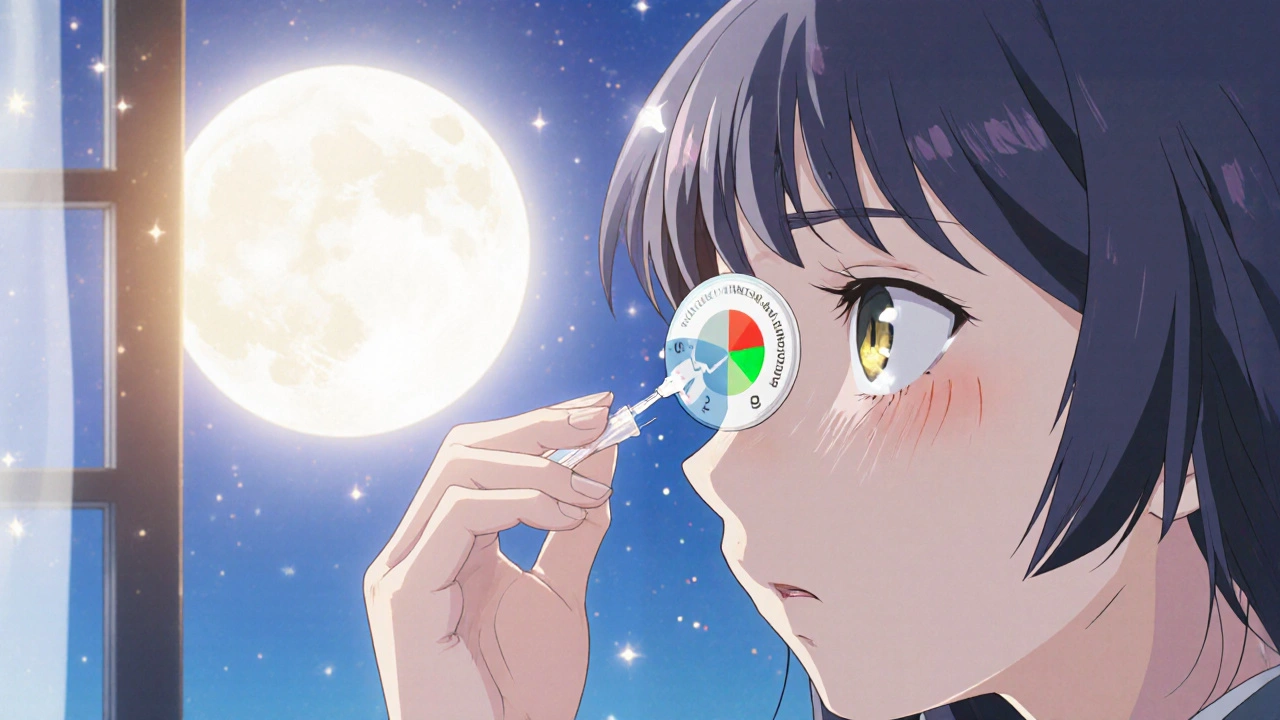 Heldin gibt nachts einen Tropfen, während ein Druckmesser von Rot zu Grün wechselt.