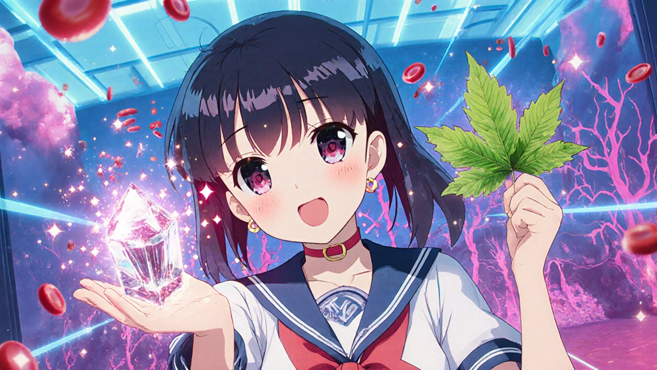 Heldin hält leuchtende Eisen‑Kristalle und Folsäure‑Blatt, die rote Blutkörperchen bilden.