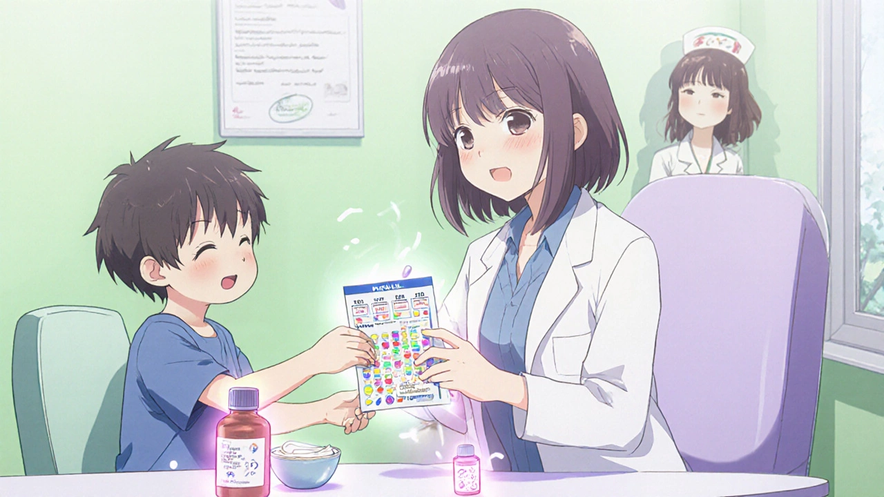 Helferin gibt einem Kind einen Medikamentenplan, während Arzt und Probiotikum beruhigend wirken.