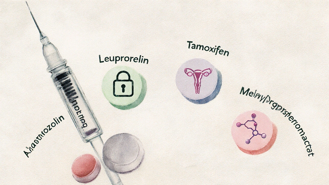 Illustration von vier Medikamenten – Injektion, Tablette, Kapsel und Pille – symbolisch für Danazol und seine Alternativen.