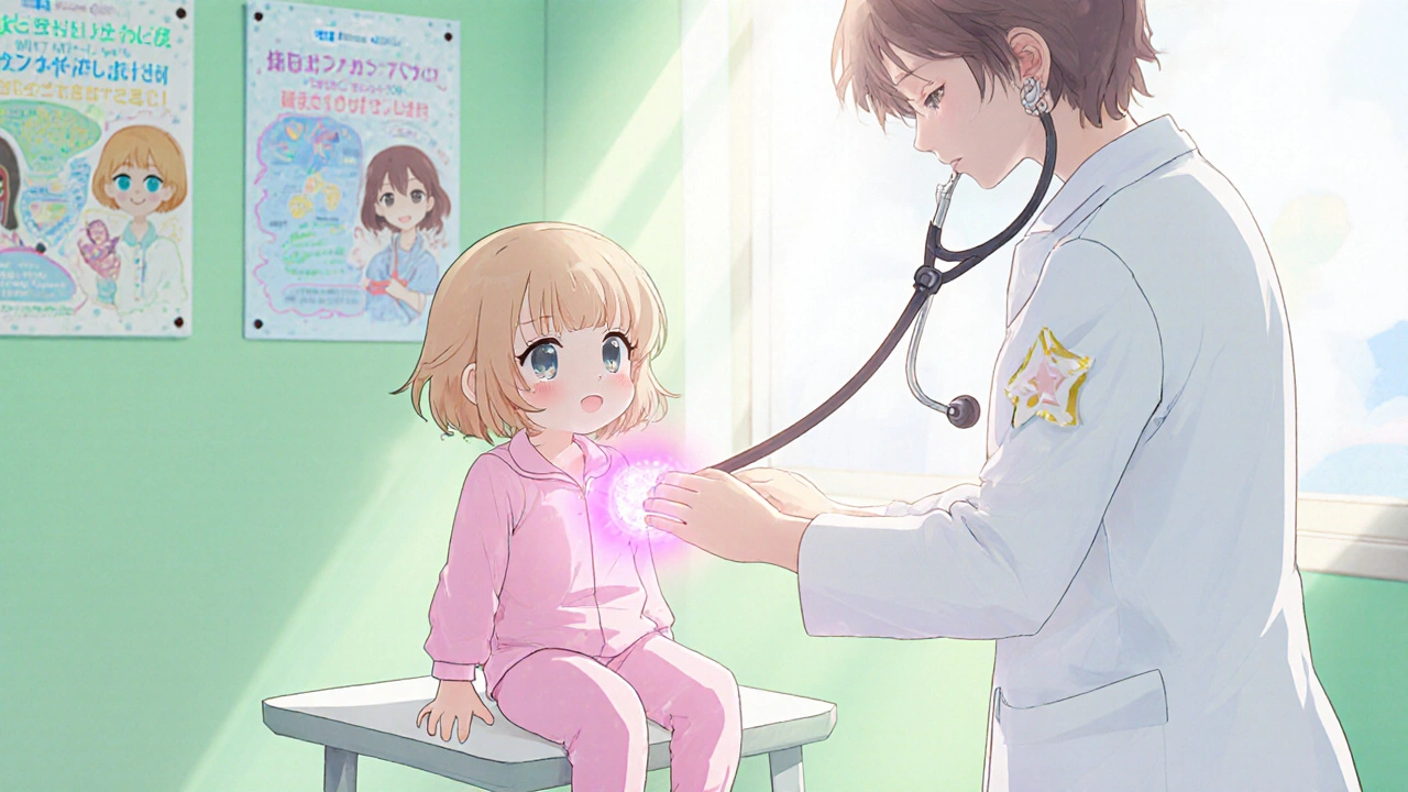 Kinderarzt untersucht ein Kind mit Stethoskop in einem hellen Untersuchungsraum.