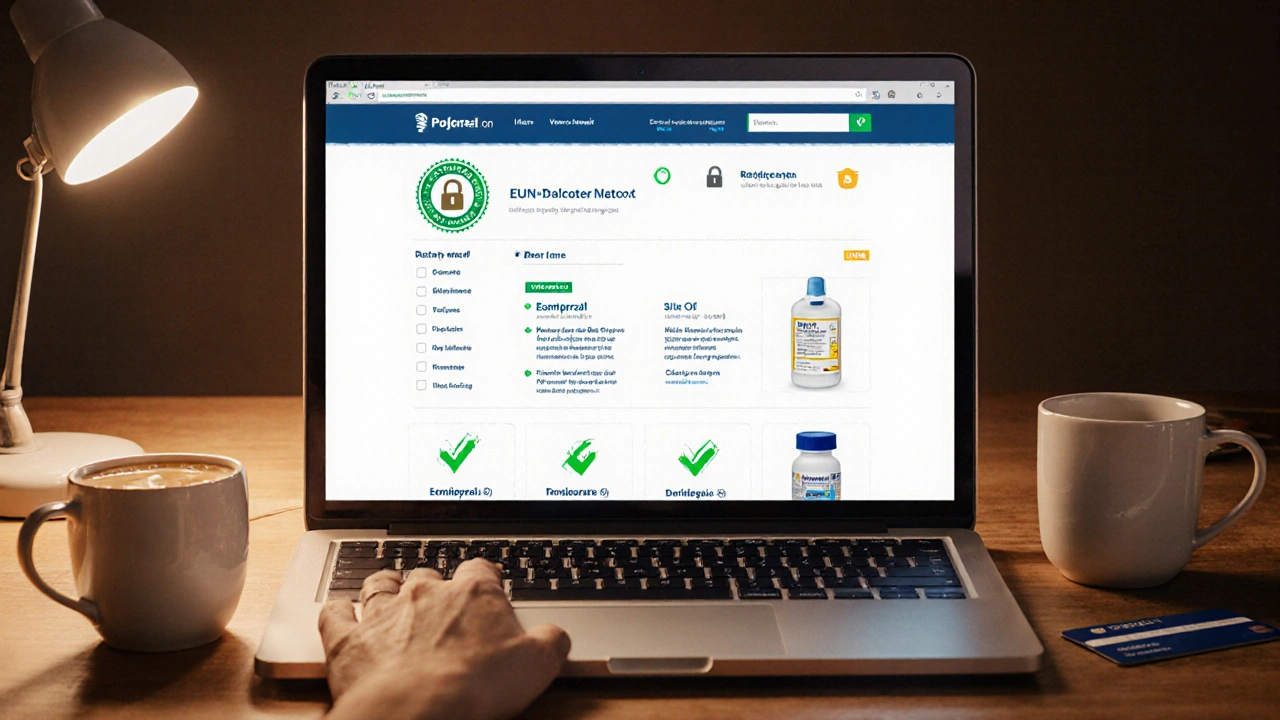 Laptop‑Ansicht einer zertifizierten Online‑Apotheke mit Esomeprazol‑Warenkorb.