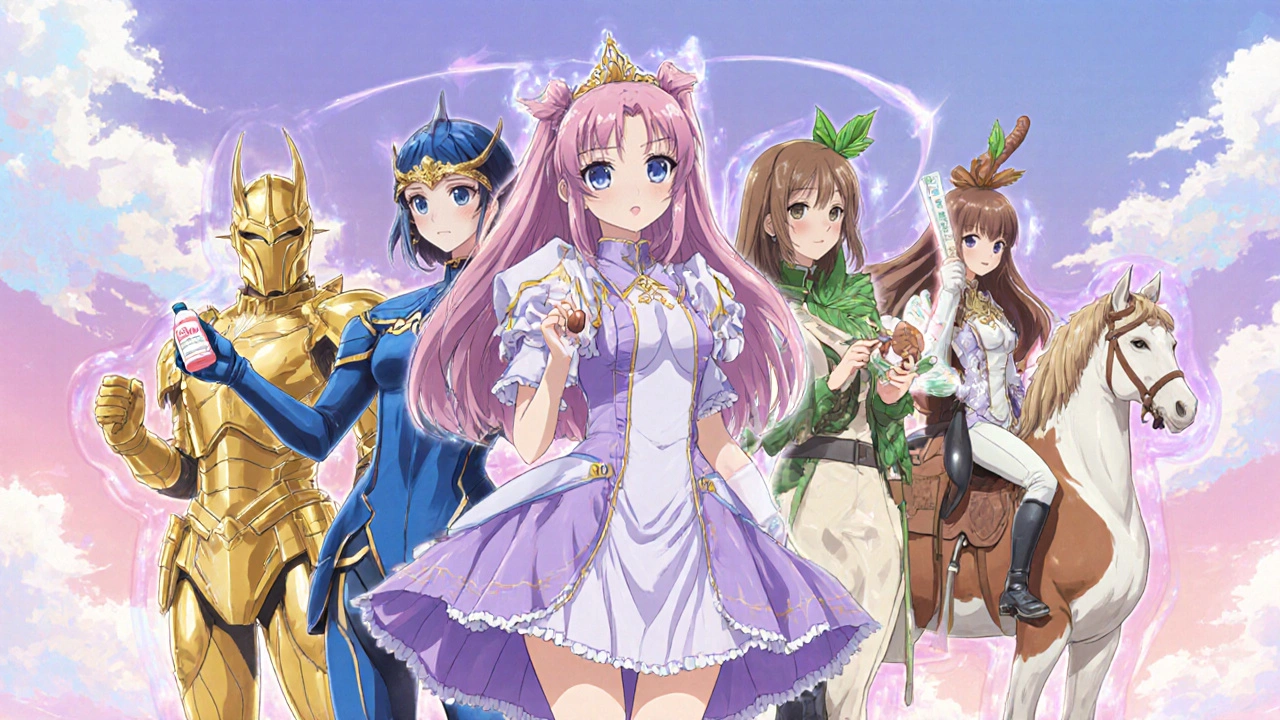 Magische Teammitglieder verkörpern verschiedene Östrogene, jeder mit eigenem Kostüm und Symbol.