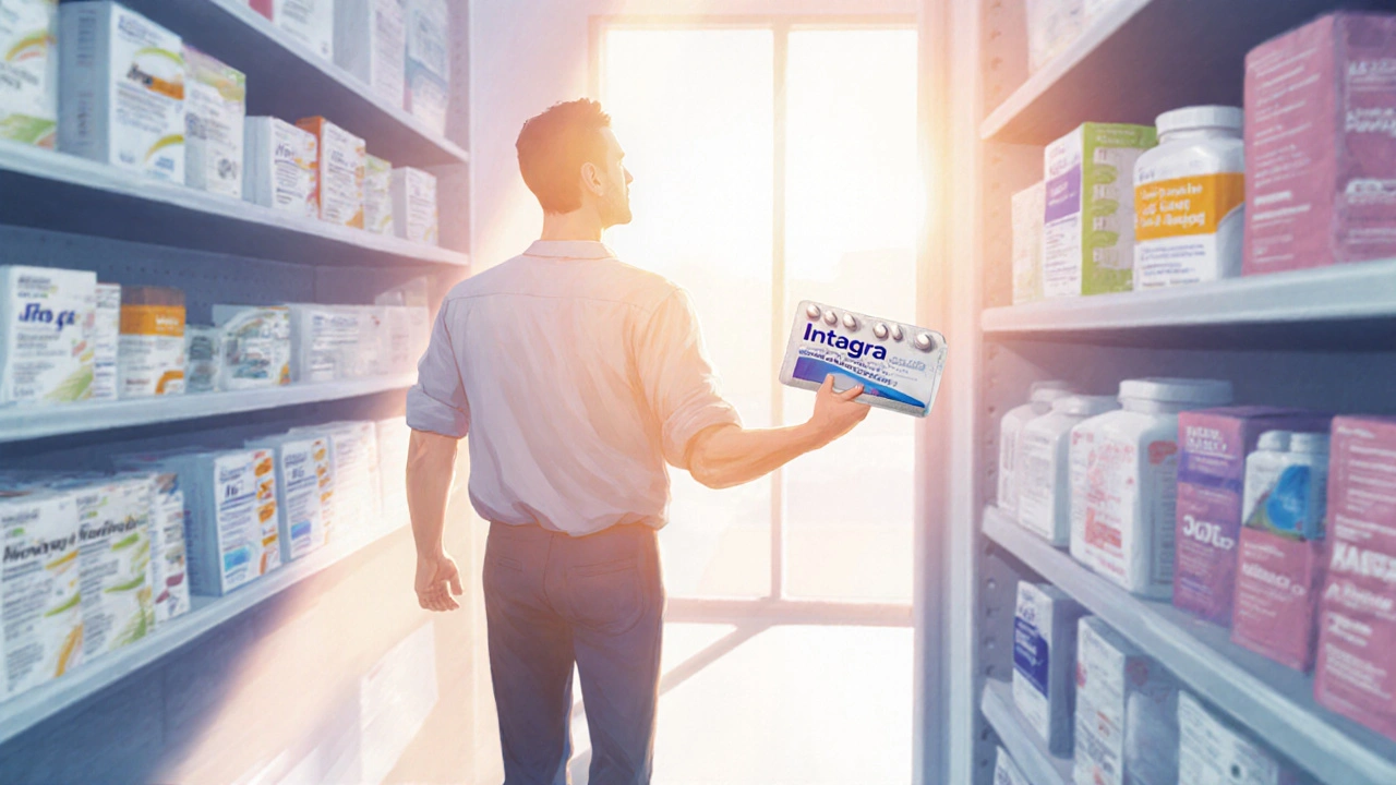 Mann verlässt die Apotheke, hält Intagra‑Pack in der Hand, wirkt zufrieden.