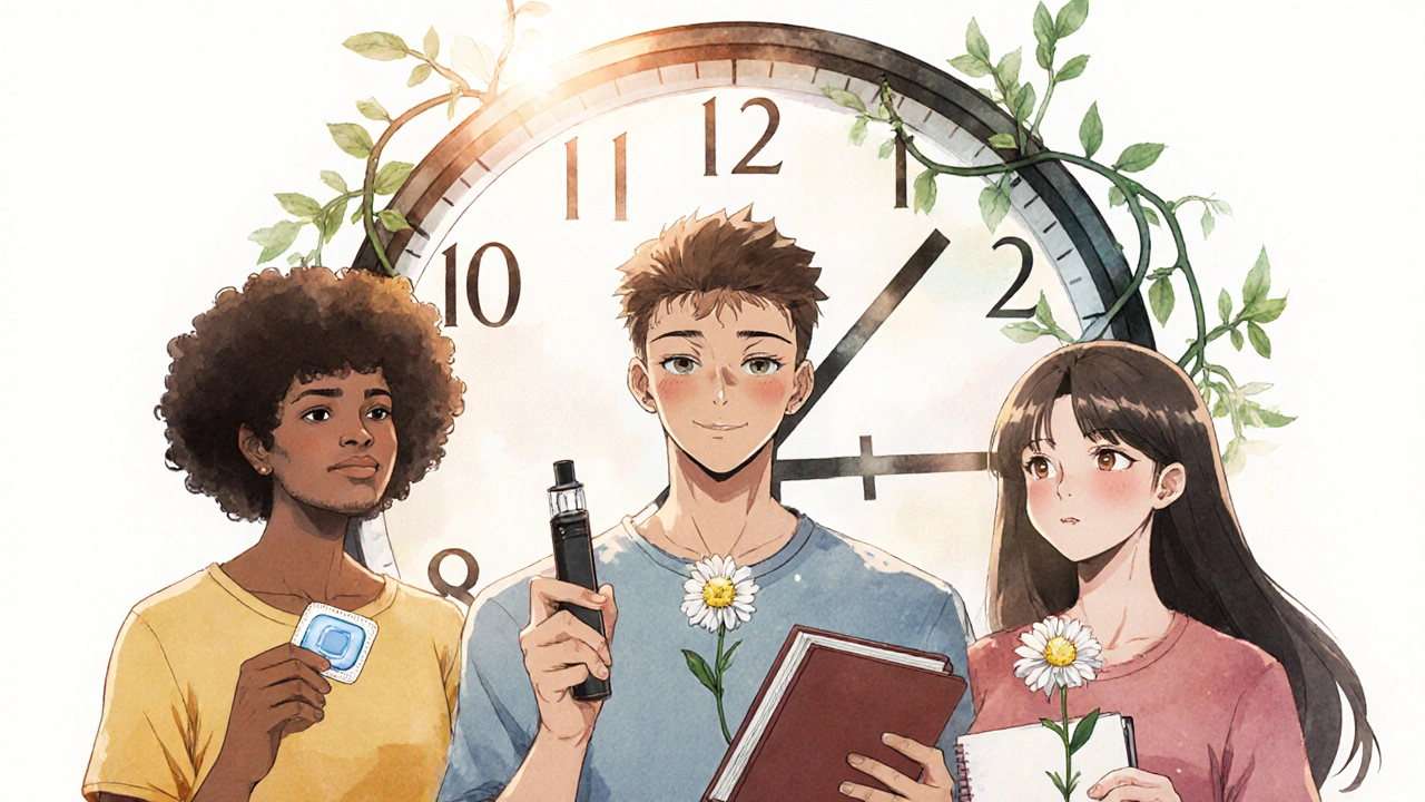 Menschen mit verschiedenen Hilfsmitteln in einem Lichtkreis, Blumen der Befreiung.