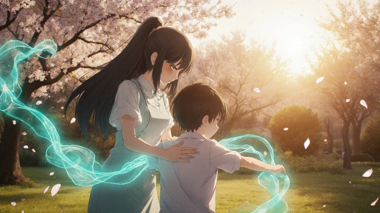 Methocarbamol‑Heldin unterstützt Patient beim Dehnen im sonnigen Garten, umgeben von leichten Lichtbändern.