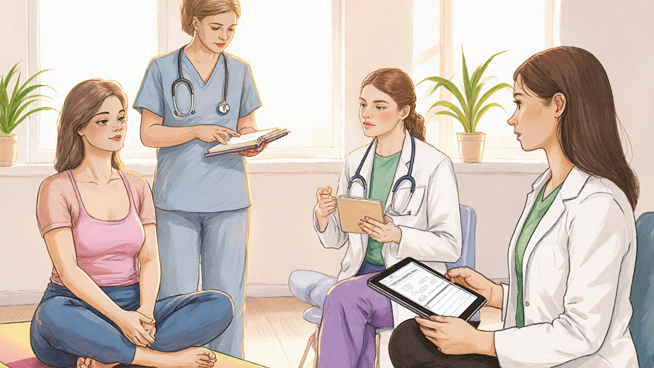 Pastellskizze von Yoga‑Therapeut, Onkologe und Patient im gemeinsamen Beratungsraum.