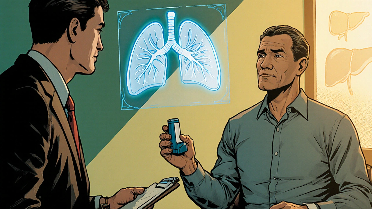 Patient berät mit Arzt, der Inhalator und holographische Lungen zeigt, Leber‑Symbol im Hintergrund.