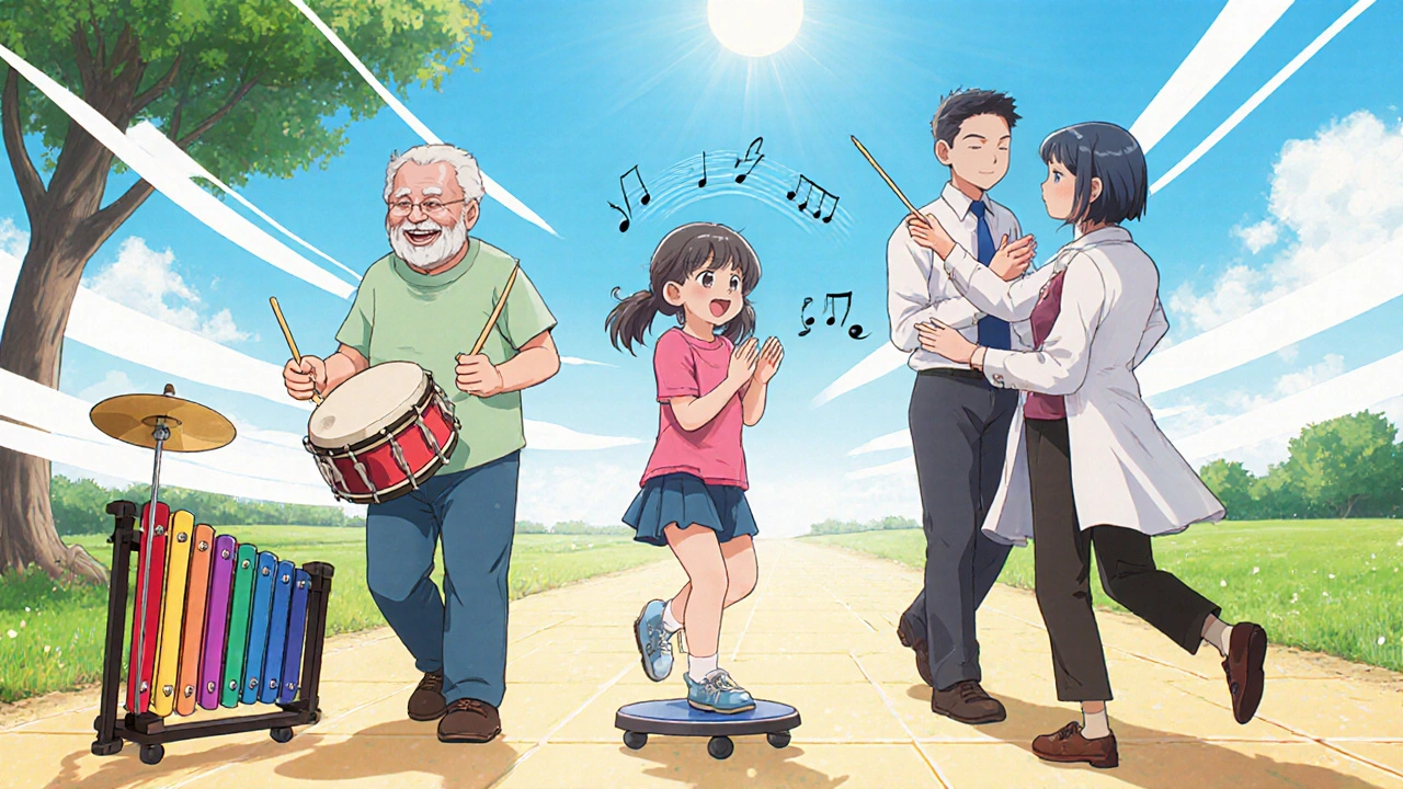 Patienten gehen im Takt, spielen Instrumente und balancieren gemeinsam.