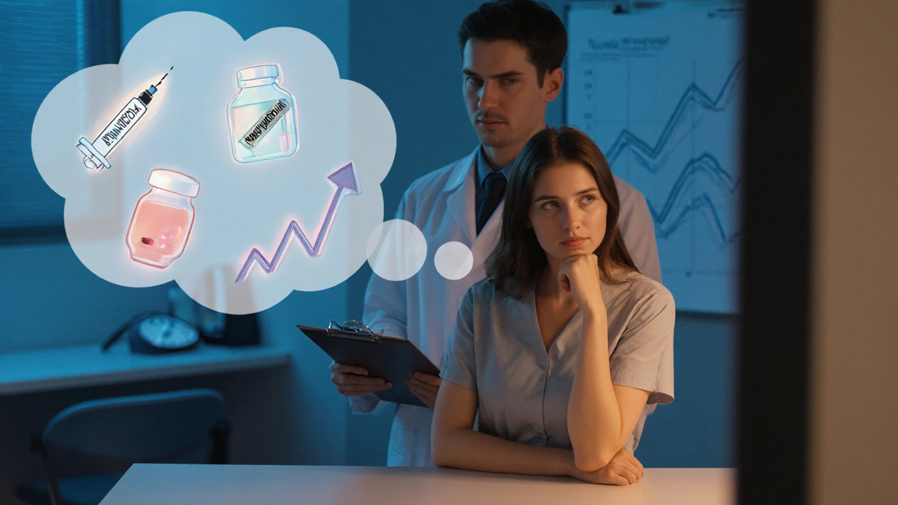 Patientin mit Arzt, Labor‑Symbolen und Entscheidungssymbolen, die die Wahl zwischen Danazol und anderen Therapien darstellen.