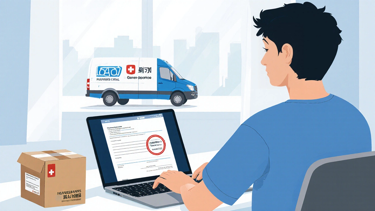 Person lädt ein Rezept hoch, ein versiegeltes Medikamentenpaket liegt daneben.