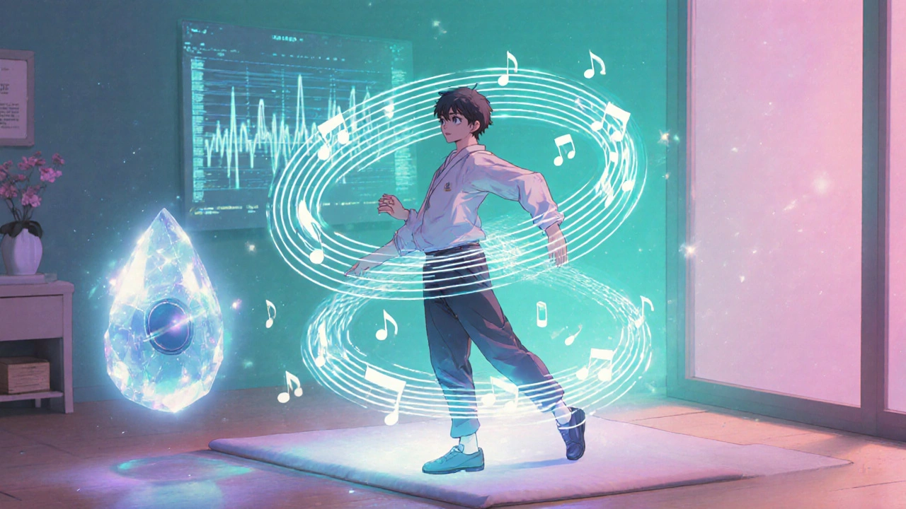 Person trainiert zu leuchtenden Musikschwaden in futuristischem Zuhause.