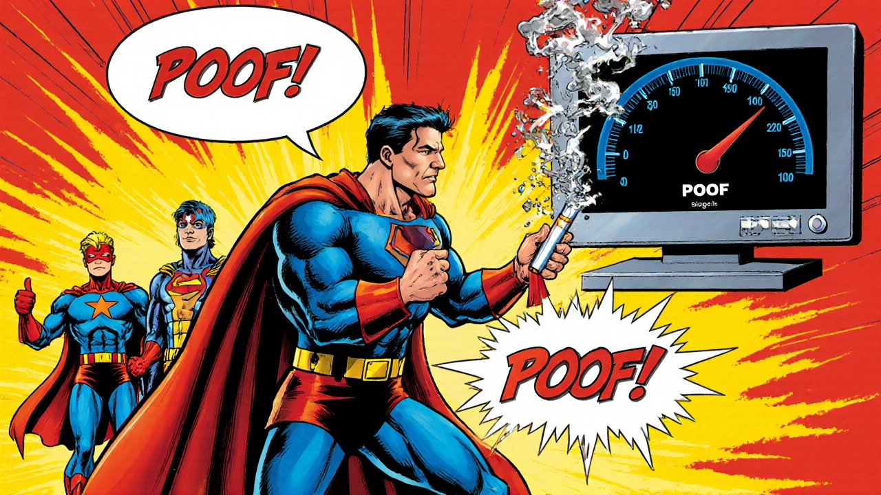 Person wirft Zigarette weg, Druckanzeige im Auge fällt, Freunde jubeln – Marvel‑Comic‑Bild.