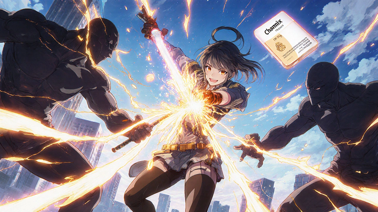 Protagonistin kämpft mit Craving-Schatten mit einem Kaugummi als Waffe.