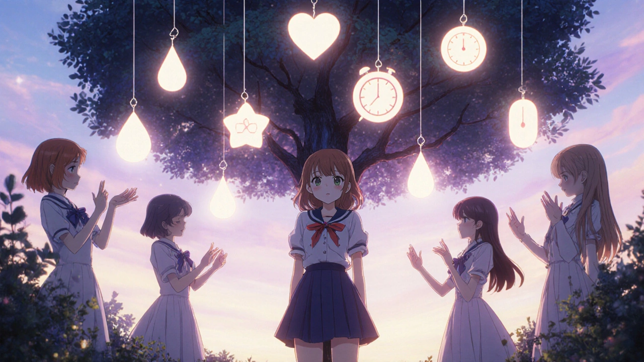 Protagonistin wählt vor leuchtendem Entscheidungsbaum im Garten, umgeben von Freundinnen.