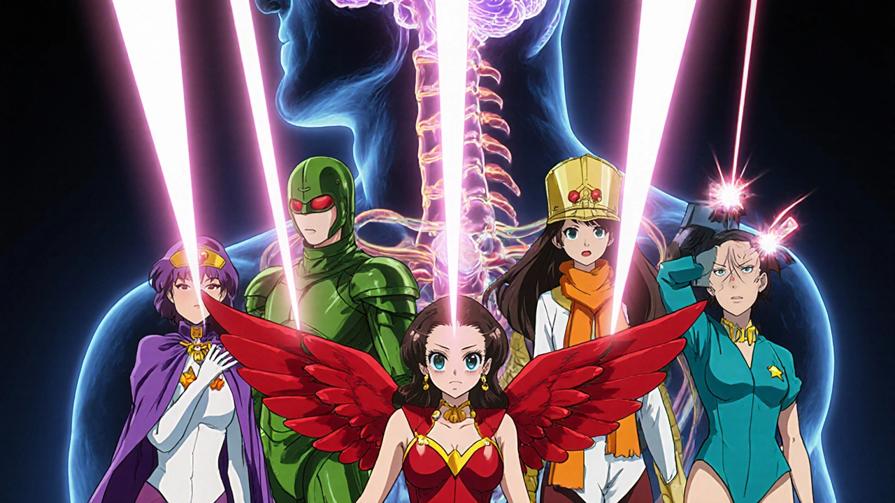 Sechs Heldinnen in bunten Kostümen repräsentieren verschiedene Muskelrelaxanzien vor anatomischem Hintergrund.