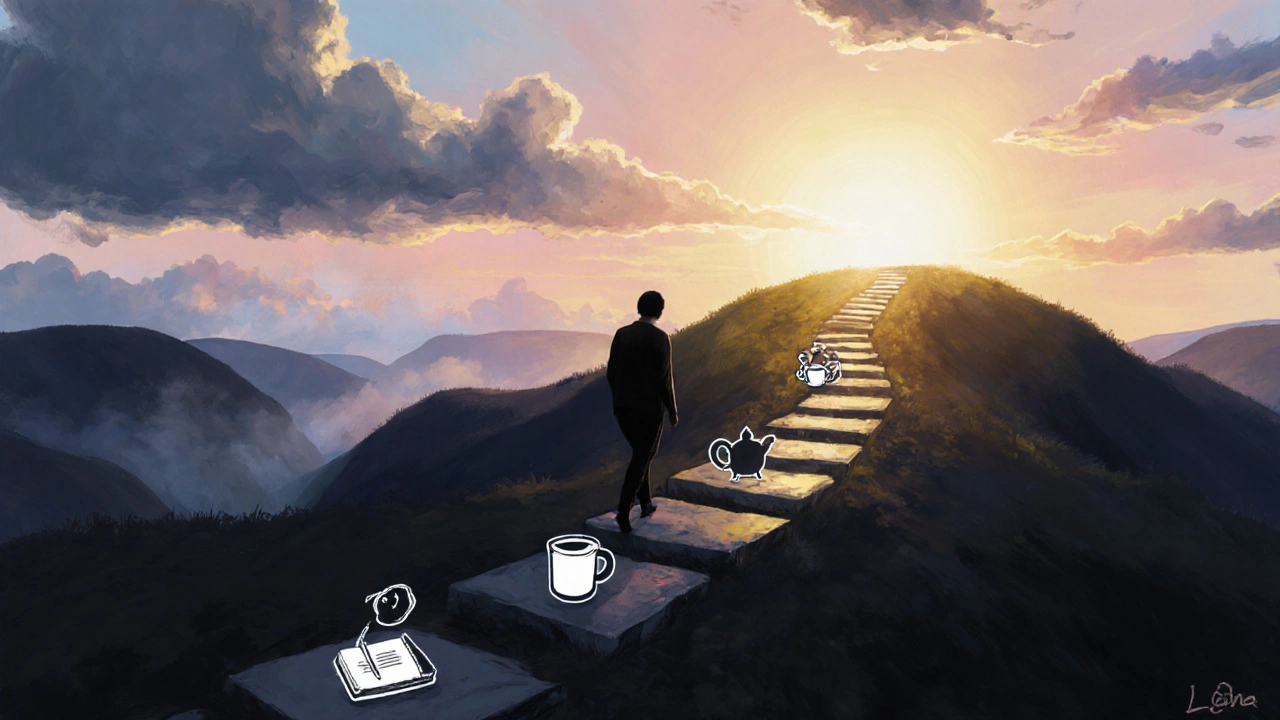 Silhouette wandert von dunklem Tal zu einem leuchtenden Sonnenaufgang, Symbol für Selbstmitgefühl.