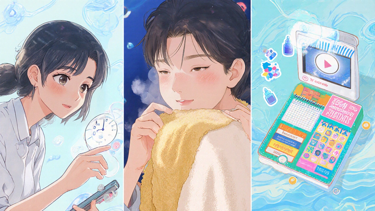 Split‑Bild: Abenduhr, warmes Handtuch und bunter Patienten‑Kit für Travoprost‑Therapie.