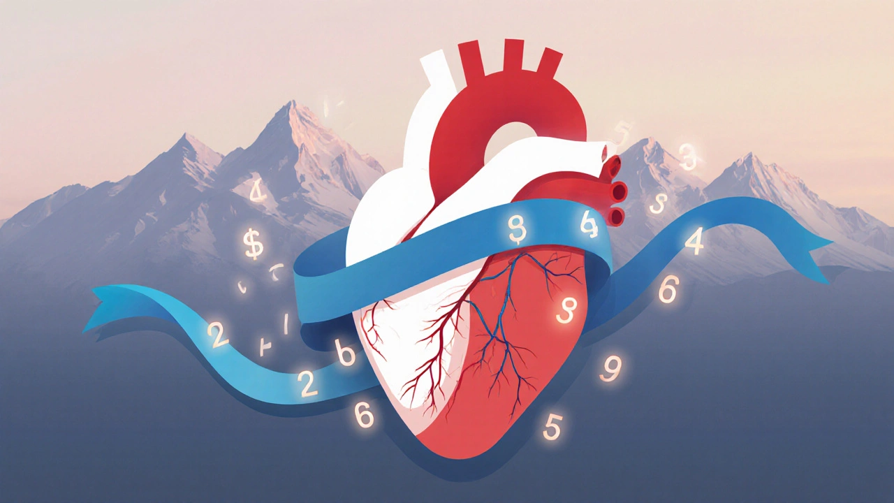 Stilisiertes Herz mit abnehmendem Blutdruck, im Hintergrund Alpen.