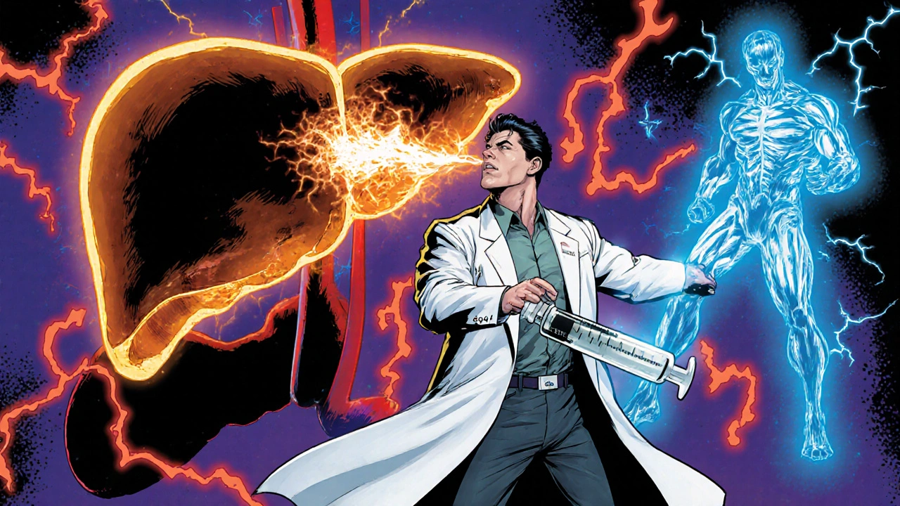 Superheld‑Arzt kämpft gegen Alkohol‑ und Medikamenten‑Villen, während die Leber im Hintergrund leuchtet.