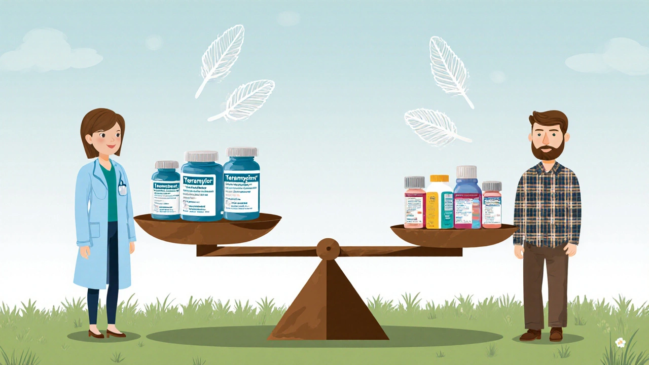 Tierarzt und Landwirt prüfen Entscheidung, Waage balanciert Kosten und Resistenz.