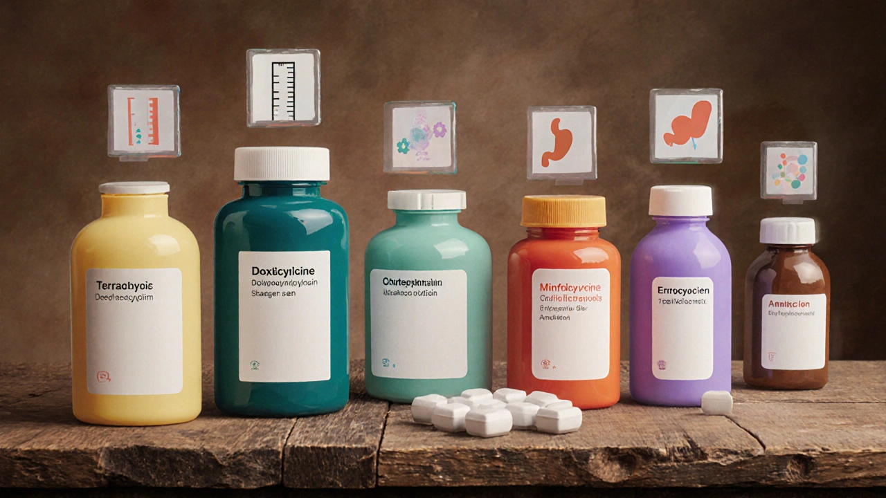 Verschiedene Antibiotika‑Fläschchen mit Symbolen für Dosierung und Wirkung.