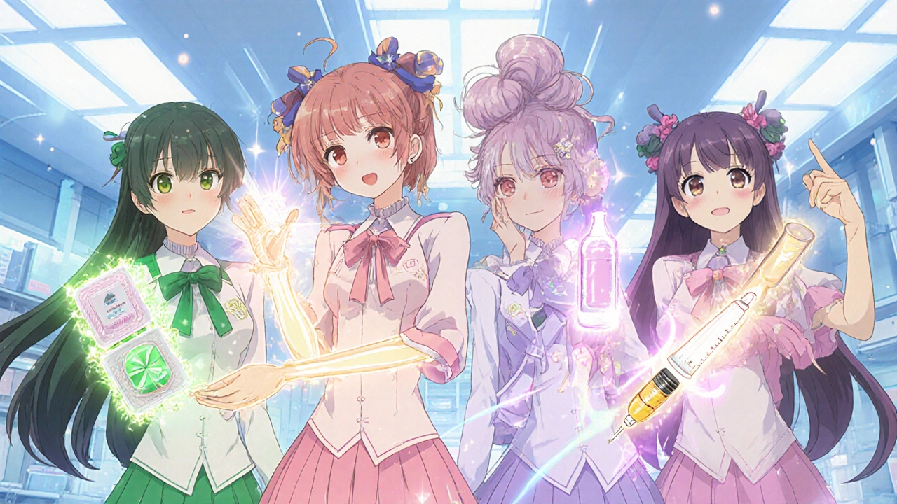 Vier Estradiol‑Formulierungen als magische Gegenstände im PreCure‑Stil.