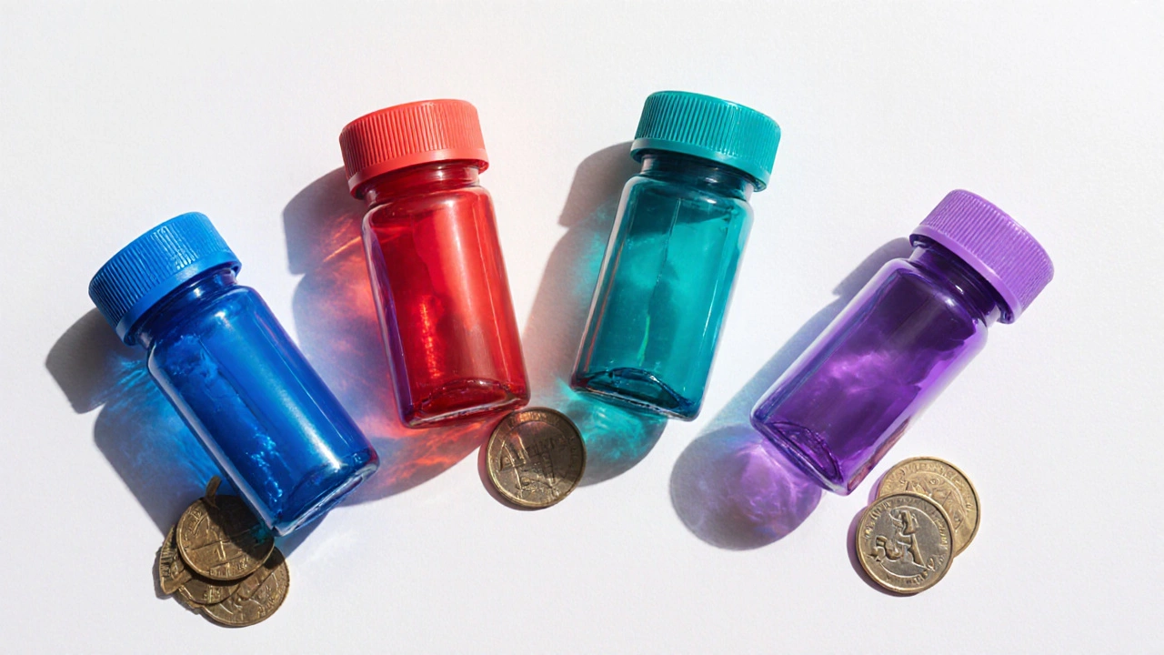 Vier Pillenflaschen (Intagra, Viagra, Cialis, Levitra) mit Münzen daneben zum Preisvergleich.