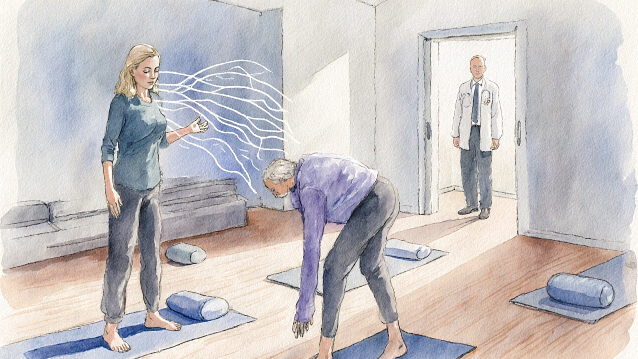 Wassermalerei einer sanften Hatha‑Yoga‑Stunde für Krebspatienten, Atemlinien sichtbar.