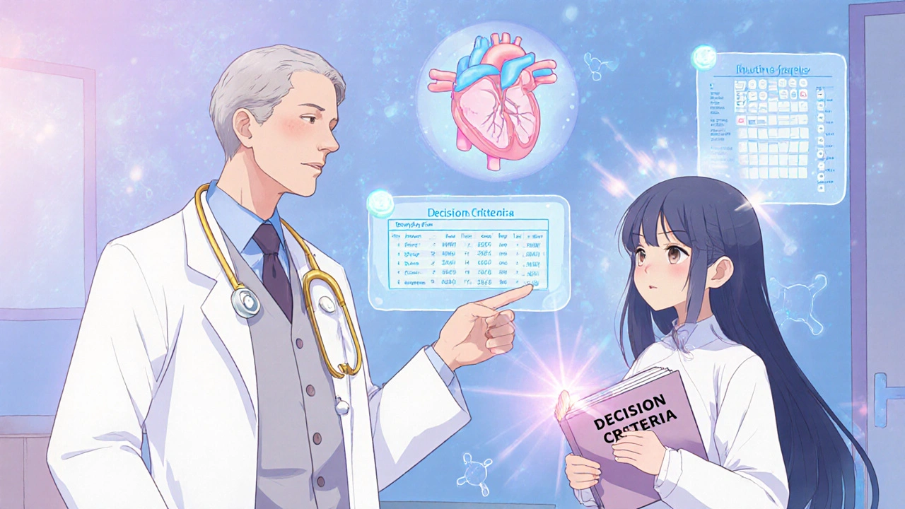 Weiser Mentor berät Patientin mit Herz‑ und Labor‑Hologrammen im PreCure‑Stil.