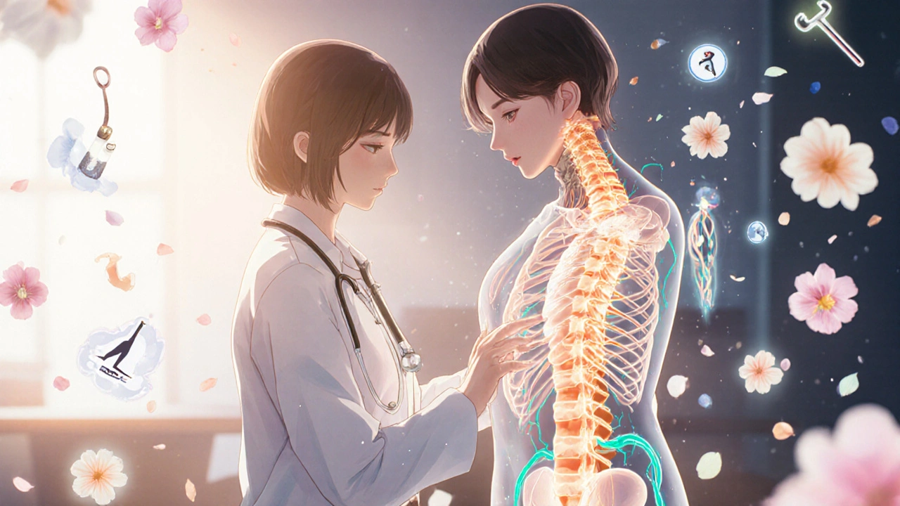 Arzt fragt Patienten, ob er sich vorbeugen kann, während Nerven im Rücken sichtbar entlastet werden.