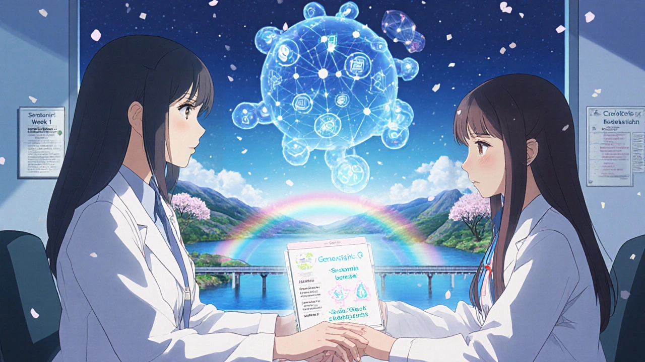 Arzt und Patientin halten Hände über genetischem Test, Serotonin-Molekül pulsiert, Regenbogenbrücke und Kirschblüten im Hintergrund.