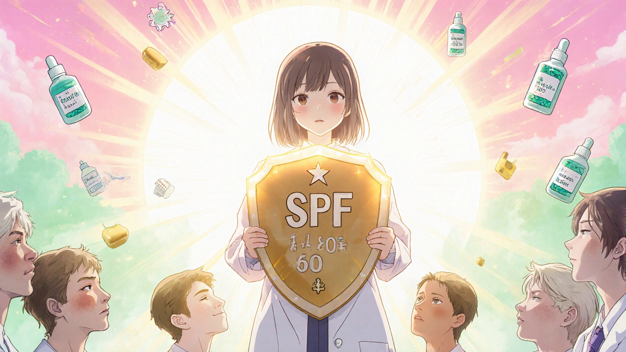 Dermatologin als Schutzengel blockiert schädliches Licht mit Sonnenschutzschild.