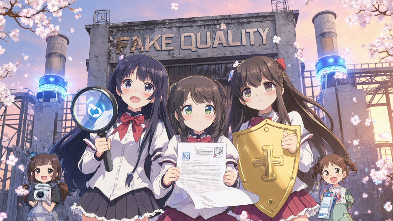 Drei Helden stehen vor einer zerfallenden Fabrik, während hinter ihnen saubere, hochmoderne Produktionslinien leuchten.