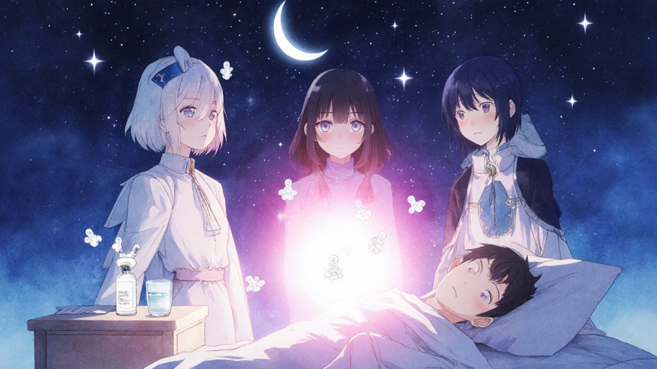 Drei magische Wesen schützen einen schlafenden Patienten vor Pilzinfektionen im Mund.