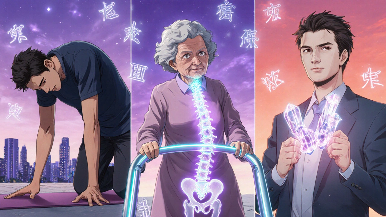 Drei Szenen: Yoga, Gehwagen, minimale Operation – alle mit heilendem Licht und bewegten Nerven.