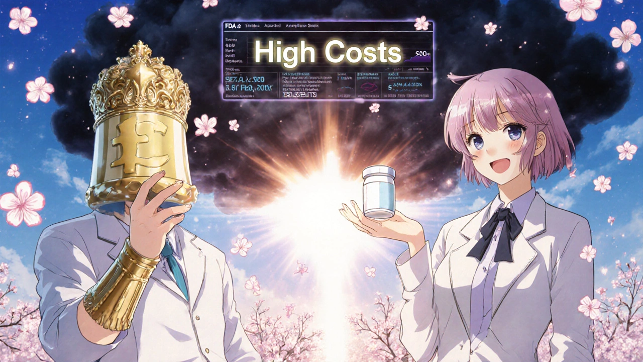 Ein Apotheker vereint Marken- und Generikapille zu einem Lichtstrahl, der hohe Kosten besiegt, in Anime-Stil.