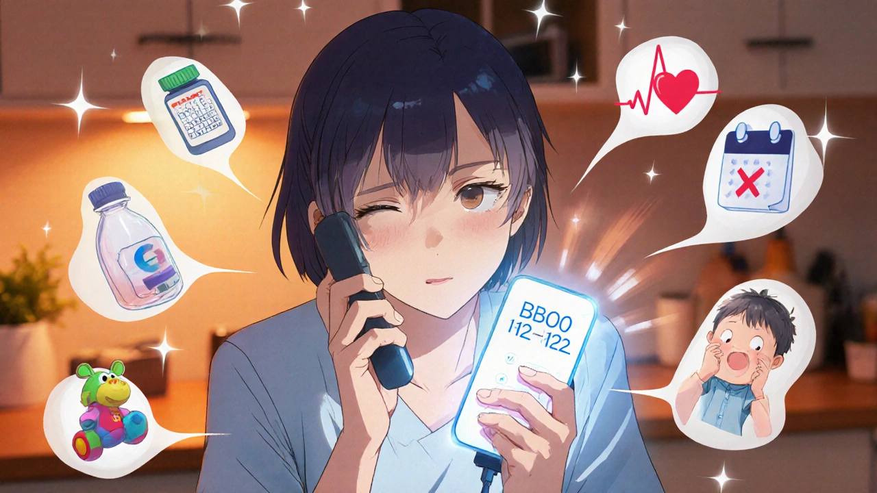 Ein Elternteil ruft die Giftnotrufzentrale mit einem leuchtenden Telefon.